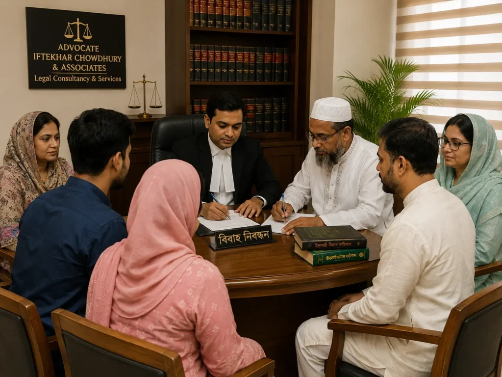 বাংলাদেশে কোর্ট ম্যারেজ সংক্রান্ত আইনগত পরামর্শ নিচ্ছেন এক দম্পতি, আইনজীবী, কাজী ও সাক্ষীদের উপস্থিতিতে