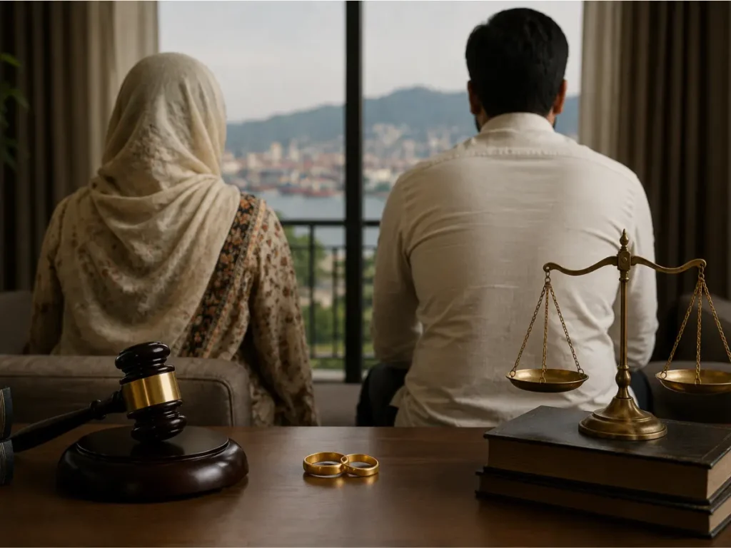 Bangladeshi husband and wife facing marital conflict with legal symbols, representing divorce lawyer services in Chattogram.